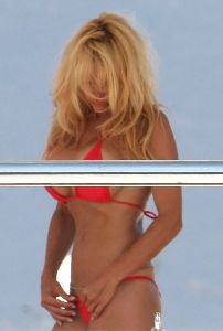 Sexy actress and model Pamela Anderson  red bikini pictures