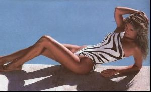 christie brinkley black striped swimming suit