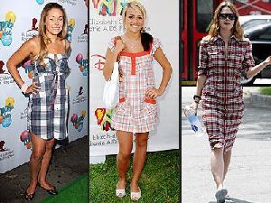 Drew Barrymore pretty in plaid dress