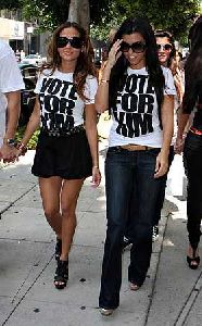 adrienne bailon and Kourtney kardashian wearing Vote For Kim tshirts on September 14th 2008 for dancing with the stars TEAM KARDASHIAN campaign