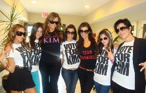 adrienne bailon with Kris Jenner, Kourtney, and Kim kardashian wearing Vote For Kim tshirts on September 14th 2008 for dancing with the stars TEAM KARDASHIAN campaign