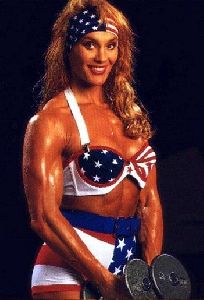 Cory Everson : an old photo of cory eversonwearing an american flag printed outfit