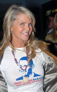 Christy Brinkley arrives at The Artists Eye premiere wearing an Obama shirt