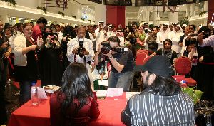 Diana Haddad : Diana with the press at virgin Megastore in Qatar last month