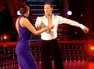 Lisa Snowdon : Lisa in her deep purple dress performs with her partner at the Strictly Come Dancing TV show on the 11th October 2008