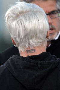 pink : recent picture of her back head neck tattoo