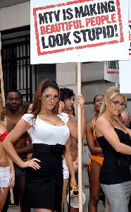 Lucy Pinder : and Kayleigh Pearson Glamour models stage a mock protest against MTV show America s Most Smartest Model