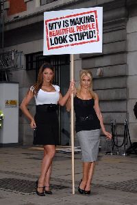 Lucy Pinder : with Kayleigh Pearson at a mock protest against MTV show America s Most Smartest Model