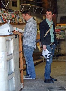 Elijah Wood candids at a magazine book store with a friend in Venice, California yesterday 5th January 2009