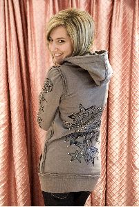 Ashley Tisdale long gray jacket photoshoot for Envie Boutique