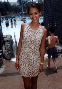 Actress jessica alba in a summer floral dress at the pool