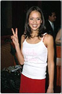 Actress jessica alba old picture in a white top and red pants