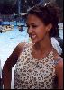 Actress jessica alba in a summer floral dress at the pool